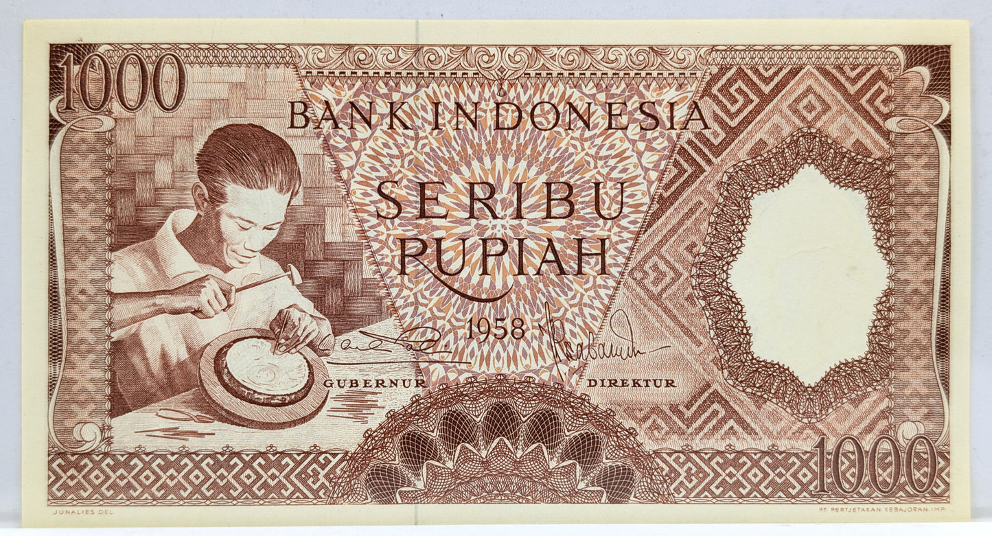 1958 Bank Indonesia 1000 Rupiah Note - Orange Type - Indonesia Inflation Note - 1958 Indonesian One Thousand Rupiah Note - P#61