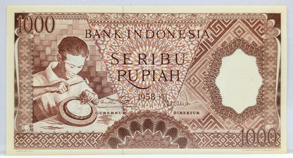 1958 Bank Indonesia 1000 Rupiah Note - Orange Type - Indonesia Inflation Note - 1958 Indonesian One Thousand Rupiah Note - P#61