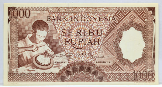1958 Bank Indonesia 1000 Rupiah Note - Orange Type - Indonesia Inflation Note - 1958 Indonesian One Thousand Rupiah Note - P#61