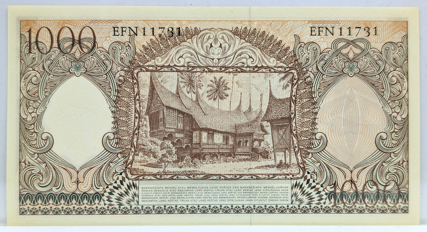 1958 Bank Indonesia 1000 Rupiah Note - Orange Type - Indonesia Inflation Note - 1958 Indonesian One Thousand Rupiah Note - P#61