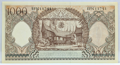 1958 Bank Indonesia 1000 Rupiah Note - Orange Type - Indonesia Inflation Note - 1958 Indonesian One Thousand Rupiah Note - P#61