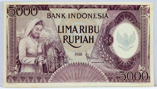 1958 Bank Indonesia 5000 Rupiah Note - Rare Violet Type - Indonesia Inflation Note - 1958 Indonesian Five Thousand Rupiah Note - P#64
