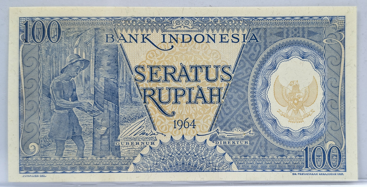 1964 Bank Indonesia 100 Rupiah Note - Rubber Tree Harvest Note - Indonesia Inflation - 1964 Indonesian One Hundred Rupiah Note - P#98