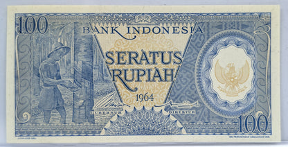 1964 Bank Indonesia 100 Rupiah Note - Rubber Tree Harvest Note - Indonesia Inflation - 1964 Indonesian One Hundred Rupiah Note - P#98