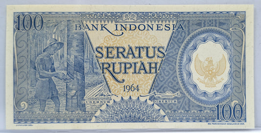 1964 Bank Indonesia 100 Rupiah Note - Rubber Tree Harvest Note - Indonesia Inflation - 1964 Indonesian One Hundred Rupiah Note - P#98