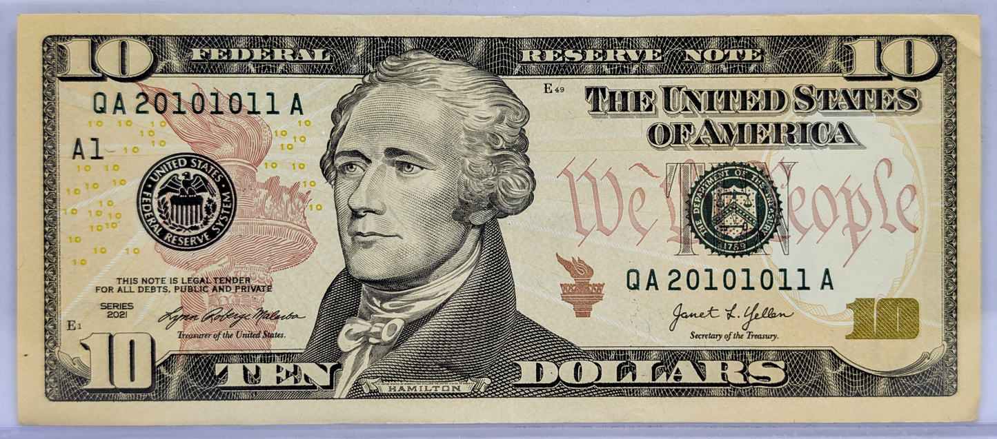 2021 Fancy Near Binary Serial Number 10 Dollar Banknote - 20101011 - 2021 Novelty Fancy Serial US Ten Dollar Note - Fr.2046-A