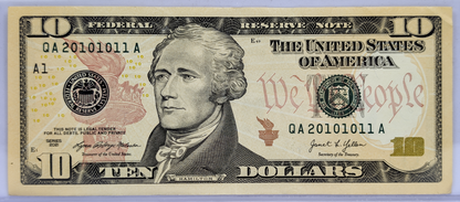 2021 Fancy Near Binary Serial Number 10 Dollar Banknote - 20101011 - 2021 Novelty Fancy Serial US Ten Dollar Note - Fr.2046-A