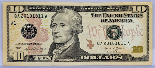 2021 Fancy Near Binary Serial Number 10 Dollar Banknote - 20101011 - 2021 Novelty Fancy Serial US Ten Dollar Note - Fr.2046-A