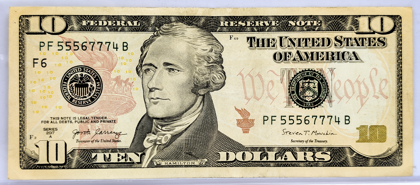 2017A Fancy Triple Repeater Serial Number 10 Dollar Banknote - 55567774 - 2017-A Novelty Fancy Serial US Ten Dollar Note - Fr.2045-F