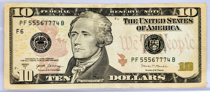 2017A Fancy Triple Repeater Serial Number 10 Dollar Banknote - 55567774 - 2017-A Novelty Fancy Serial US Ten Dollar Note - Fr.2045-F