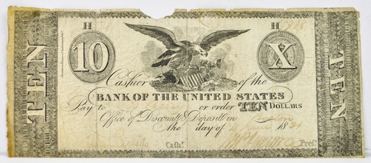 RARE 1831 2nd Bank of the United States 10 Dollar Banknote - Boston Branch - Second National Bank - 1831 Ten Dollar Boston MA Note