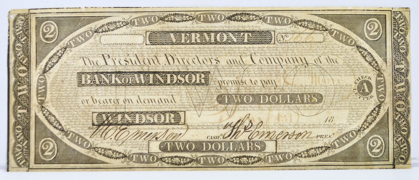 1830s Bank of Windsor 2 Dollar Vermont Obsolete Note - Extremely Fine (XF) - 1830s Windsor Vermont Two Dollars Obsolete Banknote