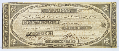 1830s Bank of Windsor 2 Dollar Vermont Obsolete Note - Extremely Fine (XF) - 1830s Windsor Vermont Two Dollars Obsolete Banknote