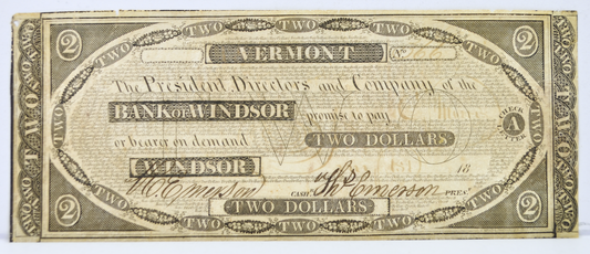 1830s Bank of Windsor 2 Dollar Vermont Obsolete Note - Extremely Fine (XF) - 1830s Windsor Vermont Two Dollars Obsolete Banknote