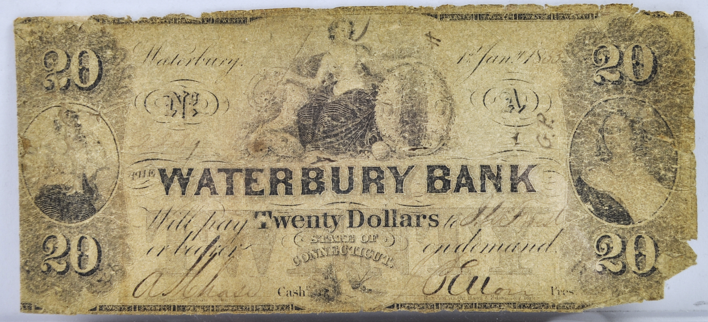 1853 Waterbury Bank 20 Dollar Connecticut Obsolete Note - Connecticut Obsolete Currency - 1853 Waterbury CT Twenty Dollars Obsolete Note