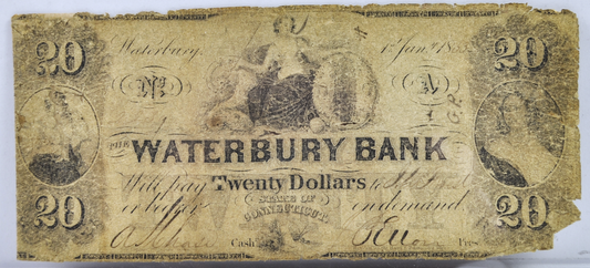 1853 Waterbury Bank 20 Dollar Connecticut Obsolete Note - Connecticut Obsolete Currency - 1853 Waterbury CT Twenty Dollars Obsolete Note