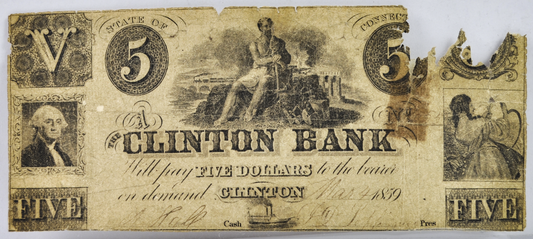 1859 Clinton Bank 5 Dollar Connecticut Obsolete Note - Connecticut Obsolete Currency - 1859 Clinton CT Five Dollars Obsolete Note