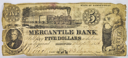 1856 Mercantile Bank 5 Dollar Connecticut Obsolete Note - Connecticut Obsolete Currency - 1856 Hartford CT Five Dollars Obsolete Note