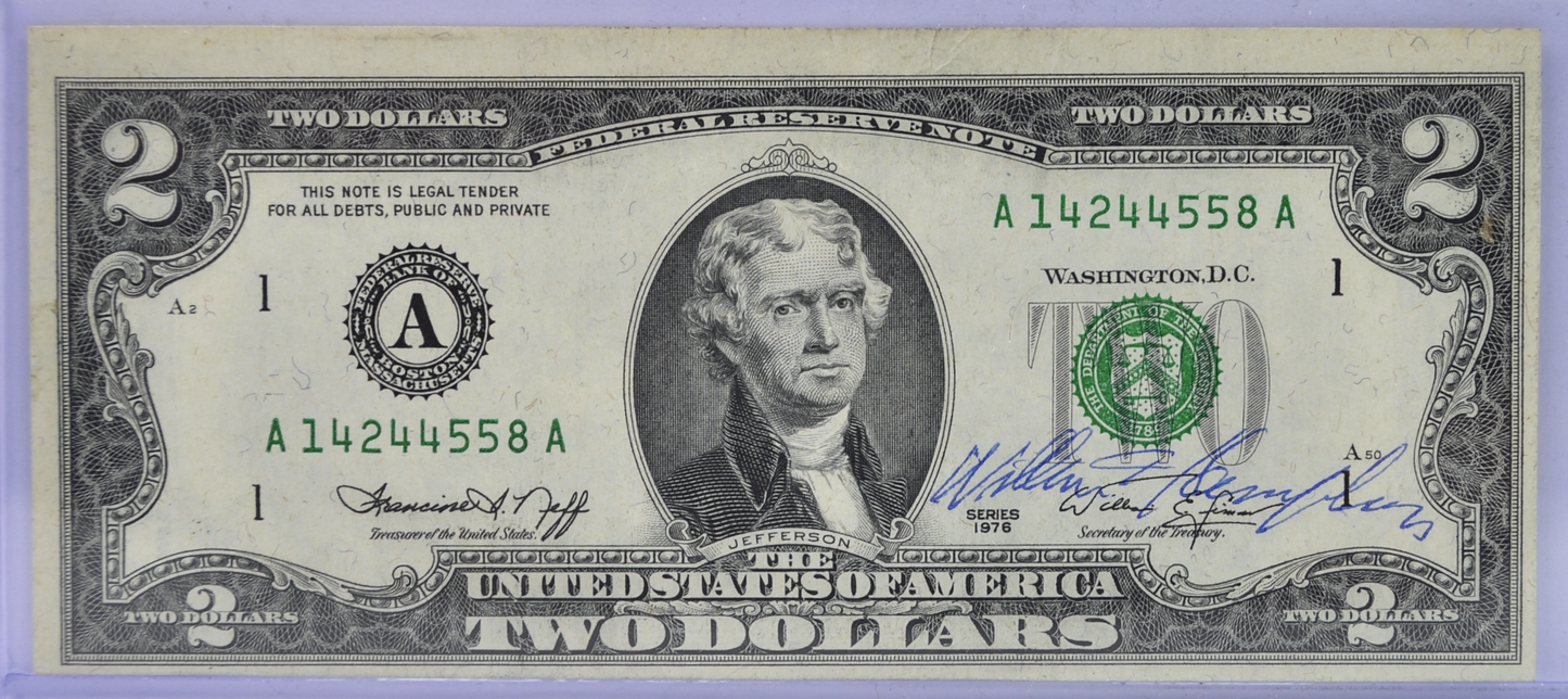 1976 US 2 Dollar Secretary William E. Simon Autograph Note - Fancy Serial Number - 1976 Courtesy Autographed Two Dollar Note - Fr.1953-A