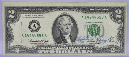 1976 US 2 Dollar Secretary William E. Simon Autograph Note - Fancy Serial Number - 1976 Courtesy Autographed Two Dollar Note - Fr.1953-A
