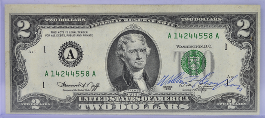 1976 US 2 Dollar Secretary William E. Simon Autograph Note - Fancy Serial Number - 1976 Courtesy Autographed Two Dollar Note - Fr.1953-A