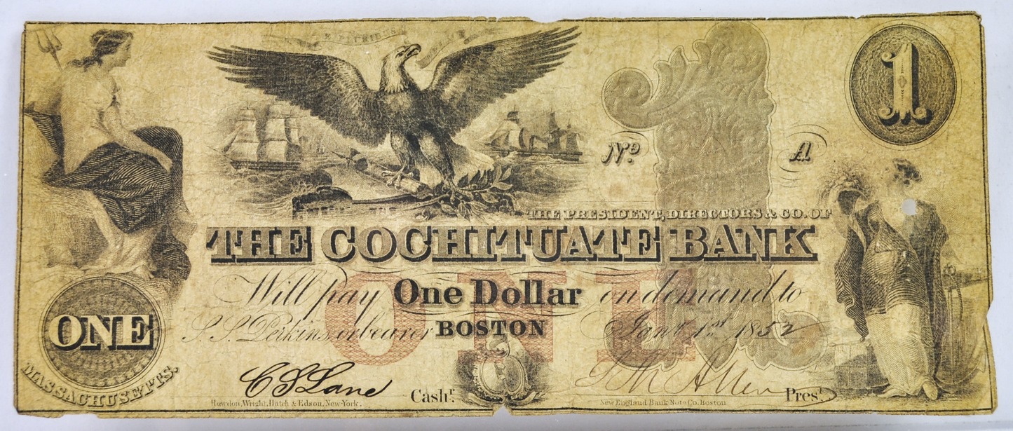 1852 Cochituate Bank 1 Dollar Banknote - Massachusetts Obsolete Currency - Eagle and Goddess Issue - 1852 One Dollar Boston MA Bank Note
