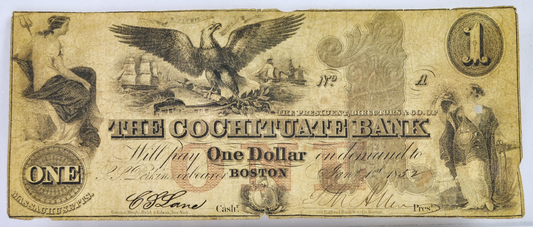 1852 Cochituate Bank 1 Dollar Banknote - Massachusetts Obsolete Currency - Eagle and Goddess Issue - 1852 One Dollar Boston MA Bank Note