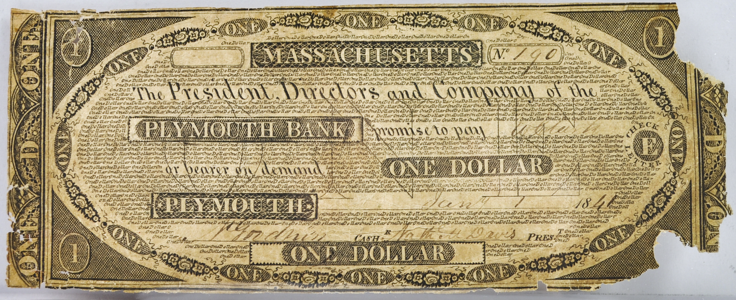 1841 Plymouth Bank 1 Dollar Massachusetts Banknote - RARE Massachusetts Obsolete Note - 1841 Plymouth MA One Dollar Early Obsolete Note