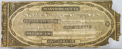 1841 Plymouth Bank 1 Dollar Massachusetts Banknote - RARE Massachusetts Obsolete Note - 1841 Plymouth MA One Dollar Early Obsolete Note