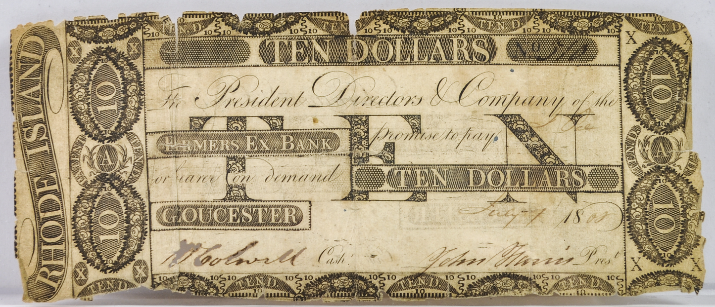 1808 Farmers Exchange Bank 10 Dollar Rhode Island Obsolete Note - Rarer Early Obsolete Note- 1808 RI Ten Dollars Obsolete Banknote
