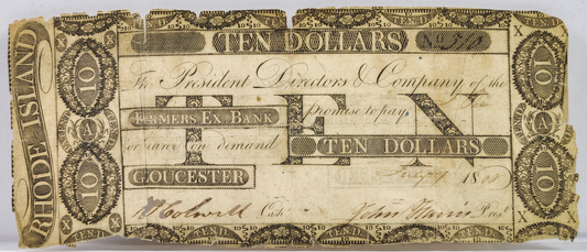 1808 Farmers Exchange Bank 10 Dollar Rhode Island Obsolete Note - Rarer Early Obsolete Note- 1808 RI Ten Dollars Obsolete Banknote
