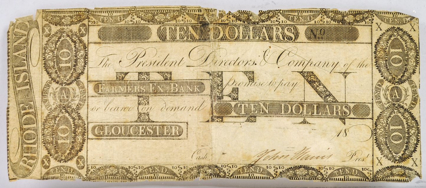 1800s Farmers Exchange Bank 10 Dollar Rhode Island Obsolete Note - Rare Early Obsolete Remainder - 1800s RI Ten Dollars Obsolete Banknote