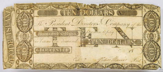 1800s Farmers Exchange Bank 10 Dollar Rhode Island Obsolete Note - Rare Early Obsolete Remainder - 1800s RI Ten Dollars Obsolete Banknote