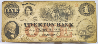 RARE 1857 Tiverton Bank 1 Dollar Rhode Island Obsolete Note - Rare Short-Lived Bank - 1857 RI Tiverton One Dollar Obsolete Note