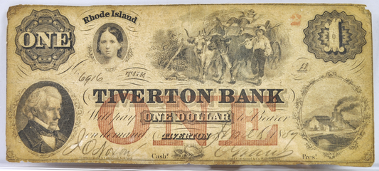 RARE 1857 Tiverton Bank 1 Dollar Rhode Island Obsolete Note - Rare Short-Lived Bank - 1857 RI Tiverton One Dollar Obsolete Note