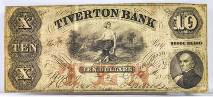 RARE 1856 Tiverton Bank 10 Dollar Rhode Island Obsolete Note - Rare Large Denomination - 1856 RI Tiverton Ten Dollars Obsolete Note
