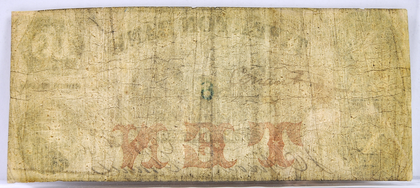 RARE 1856 Tiverton Bank 10 Dollar Rhode Island Obsolete Note - Rare Large Denomination - 1856 RI Tiverton Ten Dollars Obsolete Note