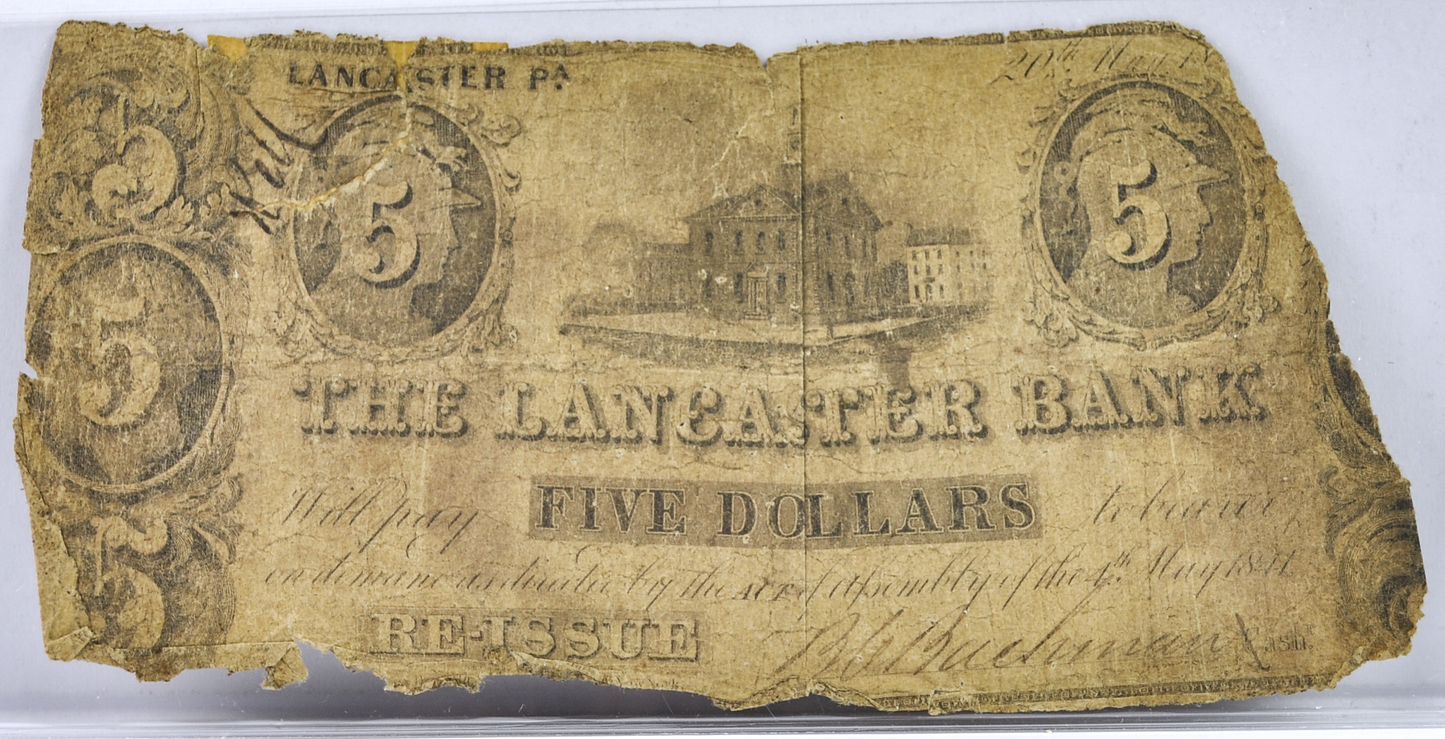 1841 The Lancaster Bank 5 Dollar Re-Issue Relief Banknote - 1849 Re-Issue - Pennsylvania Obsolete - 1849 Lancaster PA Five Dollar Obsolete