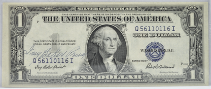 1935-F Silver Certificate 1 Dollar Treasurer Ivy Baker Priest Autograph Note - 1935F Blue Seal Silver Courtesy Autographed Note - Fr.1615