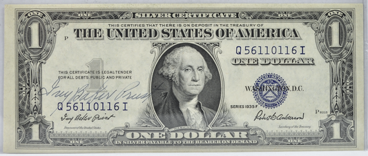 1935-F Silver Certificate 1 Dollar Treasurer Ivy Baker Priest Autograph Note - 1935F Blue Seal Silver Courtesy Autographed Note - Fr.1615