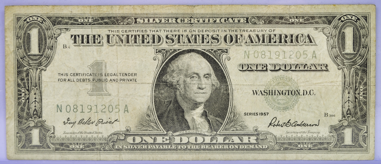 1957 Silver Certificate 1 Dollar Faded Ink Seal Note - Contaminated Ink Error - 1957 One Dollar Light Blue Seal Error Banknote - Fr#1619