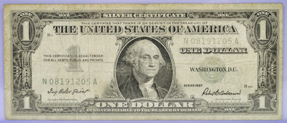 1957 Silver Certificate 1 Dollar Faded Ink Seal Note - Contaminated Ink Error - 1957 One Dollar Light Blue Seal Error Banknote - Fr#1619