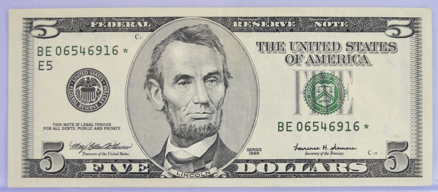 1999 US Federal Reserve 5 Dollar Star Note - Richmond (E) - Almost Uncirculated (AU) - 1999 Green Seal Five Dollars Star Note - Fr.1987-E*