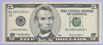 1999 US Federal Reserve 5 Dollar Star Note - Richmond (E) - Almost Uncirculated (AU) - 1999 Green Seal Five Dollars Star Note - Fr.1987-E*