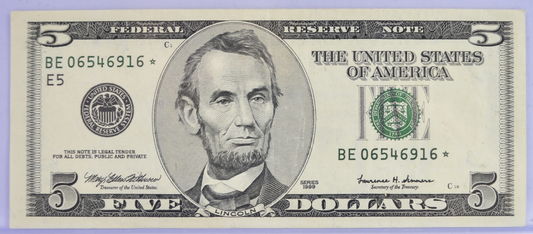 1999 US Federal Reserve 5 Dollar Star Note - Richmond (E) - Almost Uncirculated (AU) - 1999 Green Seal Five Dollars Star Note - Fr.1987-E*
