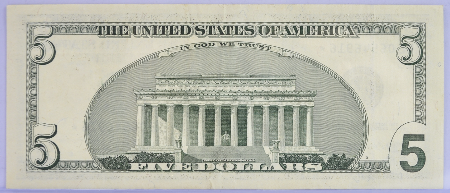 1999 US Federal Reserve 5 Dollar Star Note - Richmond (E) - Almost Uncirculated (AU) - 1999 Green Seal Five Dollars Star Note - Fr.1987-E*