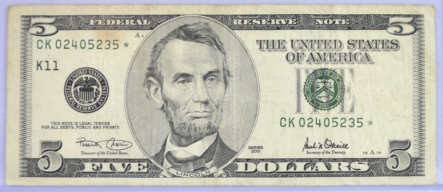 2001 US Federal Reserve 5 Dollar Star Note - Dallas (K) - Choice Very Fine (VF+) - 2001 Green Seal Five Dollars Star Note - Fr.1988-K*