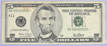 2001 US Federal Reserve 5 Dollar Star Note - Dallas (K) - Choice Very Fine (VF+) - 2001 Green Seal Five Dollars Star Note - Fr.1988-K*
