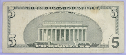 2001 US Federal Reserve 5 Dollar Star Note - Dallas (K) - Choice Very Fine (VF+) - 2001 Green Seal Five Dollars Star Note - Fr.1988-K*