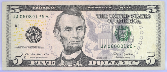 2009 US Federal Reserve 5 Dollar Star Note - Boston (A) - Extremely Fine (XF) - 2009 Green Seal Five Dollars Star Note - Fr.1995-A*